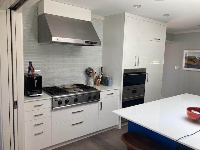 N155 Surfside Dr, Cedar Grove, WI 53013 - kitchen with wall chimney exhaust hood, appliances with stainless steel finishes, decorative backsplash, light countertops, and dark wood finished floors