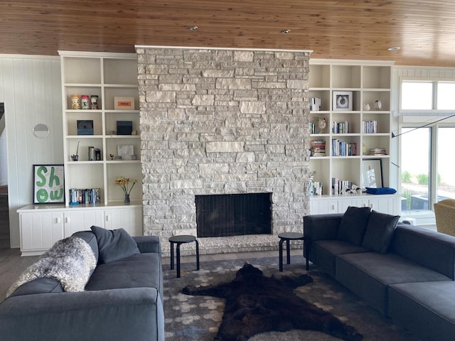 N155 Surfside Dr, Cedar Grove, WI 53013 - living area featuring a stone fireplace and wooden ceiling