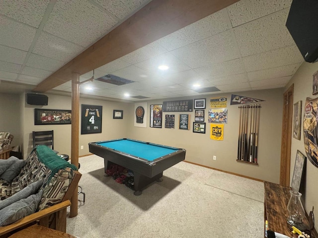 710 Jefferson St, Merrill, WI 54452 - rec room with a paneled ceiling, carpet floors, and billiards