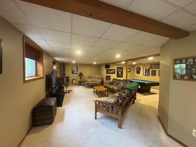 710 Jefferson St, Merrill, WI 54452 - living area with a paneled ceiling, light carpet, pool table, and recessed lighting