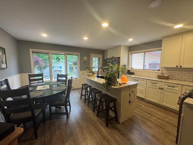 710 Jefferson St, Merrill, WI 54452 - kitchen featuring dark wood-type flooring, healthy amount of natural light, a kitchen island with sink, decorative backsplash, and a wainscoted wall