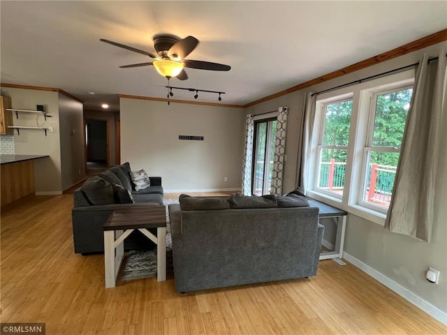 1283 230th Ave, Luck, WI 54853 - living area with ornamental molding, light wood-style flooring, ceiling fan, and track lighting