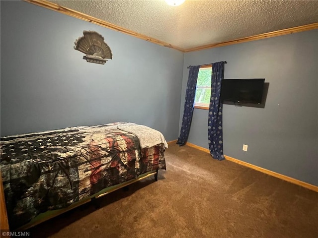 1283 230th Ave, Luck, WI 54853 - bedroom with ornamental molding, carpet, and a textured ceiling