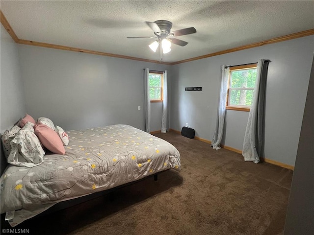 1283 230th Ave, Luck, WI 54853 - carpeted bedroom with ornamental molding, a ceiling fan, and a textured ceiling