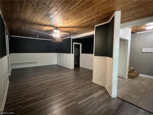 1283 230th Ave, Luck, WI 54853 - unfurnished room with wooden ceiling, a ceiling fan, wainscoting, dark wood-type flooring, and baseboard heating
