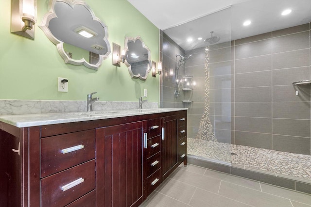 8020 Ridgeway Dr, Burlington, WI 53105 - bathroom with double vanity, walk in shower, tile patterned flooring, and recessed lighting