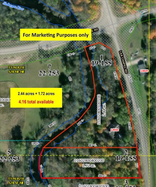 14900 Lax Chapel Rd, Kiel, WI 53042 - aerial overview of property's location with property boundaries highlighted