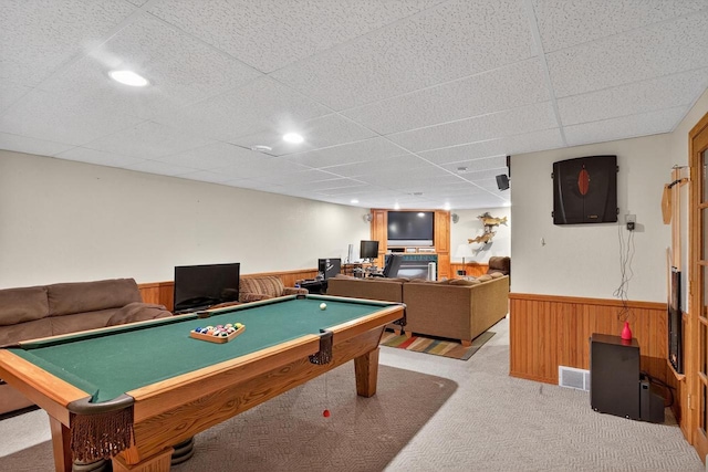 5111 Timberland Trl, Wisconsin Rapids, WI 54494 - game room featuring a wainscoted wall, billiards table, wood walls, carpet floors, and a drop ceiling
