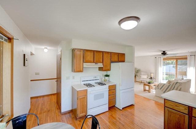 851 Hennessy St, Oshkosh, WI 54904 - kitchen with white appliances, under cabinet range hood, light countertops, and light wood finished floors