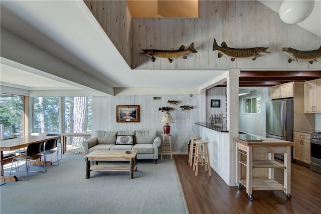 8674 Nor Wis Rd, Hayward, WI 54843 - living area with wooden walls, dark wood-style floors, plenty of natural light, and a towering ceiling