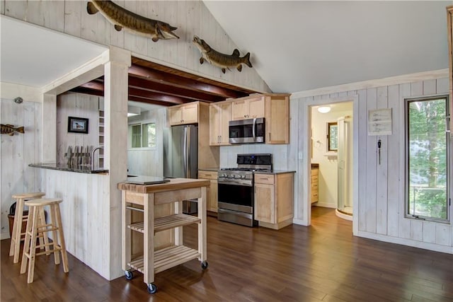 8674 Nor Wis Rd, Hayward, WI 54843 - kitchen featuring appliances with stainless steel finishes, dark countertops, wood walls, lofted ceiling, and dark wood-style floors