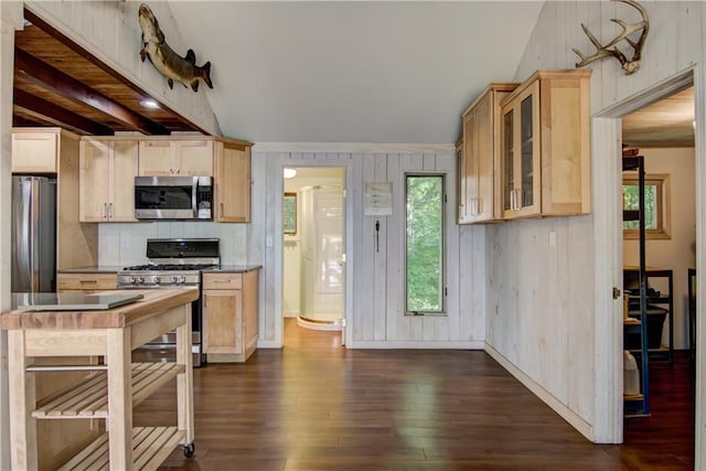 8674 Nor Wis Rd, Hayward, WI 54843 - kitchen featuring appliances with stainless steel finishes, light brown cabinetry, plenty of natural light, dark wood-style floors, and wood walls