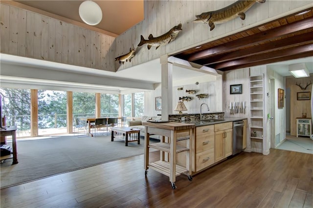 8674 Nor Wis Rd, Hayward, WI 54843 - kitchen with stainless steel dishwasher, wooden walls, dark wood-style flooring, dark countertops, and beam ceiling