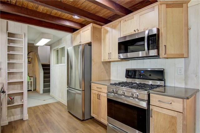 8674 Nor Wis Rd, Hayward, WI 54843 - kitchen with appliances with stainless steel finishes, light brown cabinets, a wooden ceiling with exposed beams, light wood-style flooring, and dark countertops
