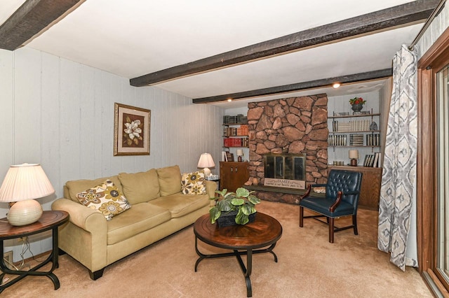 10500 W Good Hope Rd, Milwaukee, WI 53224 - living room featuring carpet floors, beamed ceiling, and a stone fireplace