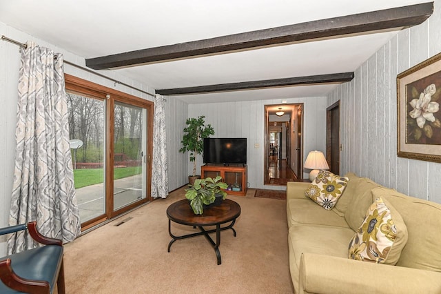 10500 W Good Hope Rd, Milwaukee, WI 53224 - living area with carpet flooring, beamed ceiling, and wallpapered walls