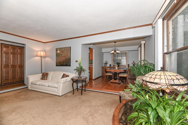 10500 W Good Hope Rd, Milwaukee, WI 53224 - living room with a chandelier, carpet floors, and ornamental molding