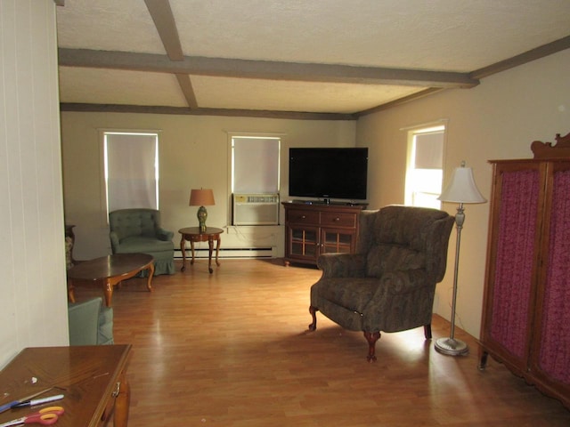 N3901 State Road 76, Hortonville, WI 54944 - living room with beamed ceiling, wood finished floors, and baseboard heating