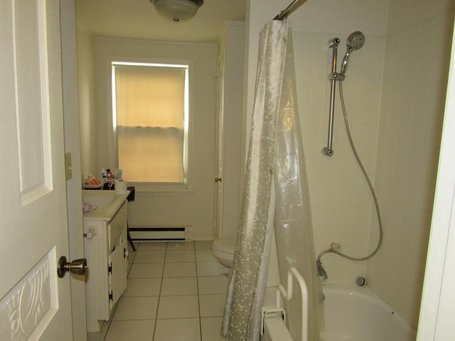 N3901 State Road 76, Hortonville, WI 54944 - full bath featuring tile patterned floors, baseboard heating, shower / tub combo with curtain, and vanity