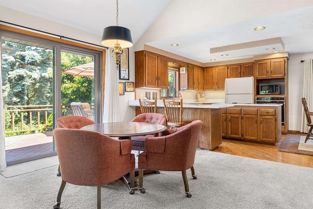 1334 W Cloverdale Dr, Appleton, WI 54914 - dining room featuring healthy amount of natural light, vaulted ceiling, light carpet, recessed lighting, and light wood-style flooring