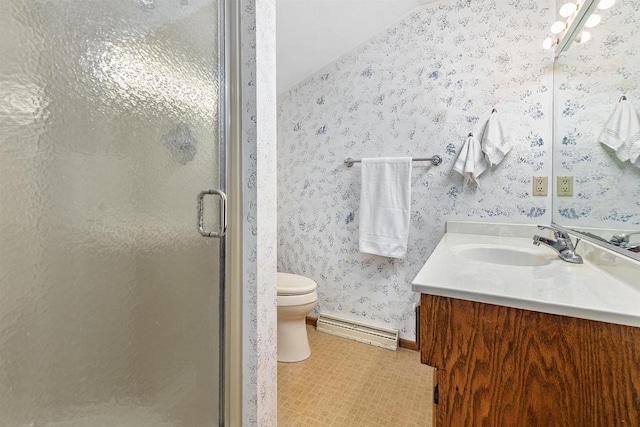 1334 W Cloverdale Dr, Appleton, WI 54914 - full bath with a baseboard heating unit, wallpapered walls, vanity, a stall shower, and tile patterned flooring