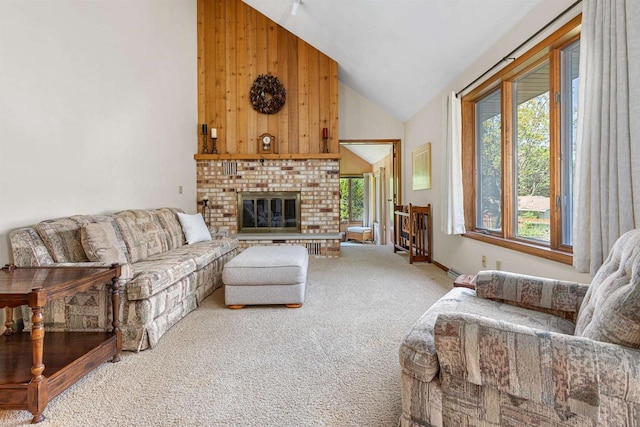 1334 W Cloverdale Dr, Appleton, WI 54914 - living area with carpet, high vaulted ceiling, and a fireplace