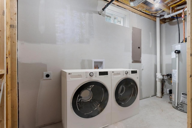 120 Eleonor St, Two Rivers, WI 54241 - washroom with water heater, electric panel, and washing machine and dryer