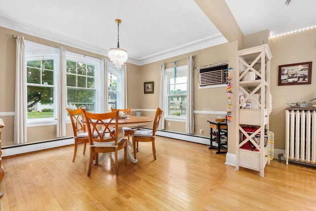 814 E Irving Ave, Oshkosh, WI 54901 - dining area featuring radiator, a baseboard heating unit, light wood-style flooring, and ornamental molding