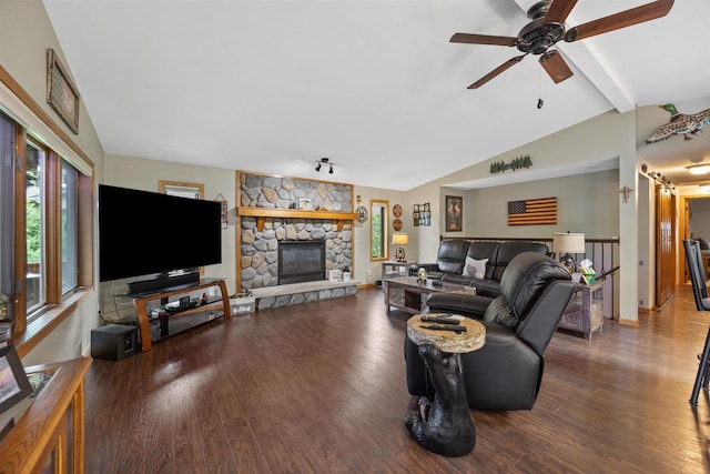 361 Penhurst Way, Nekoosa, WI 54457 - living room featuring a ceiling fan, wood finished floors, and a stone fireplace