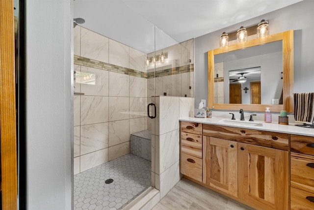 361 Penhurst Way, Nekoosa, WI 54457 - bathroom with vanity, a shower stall, and ceiling fan