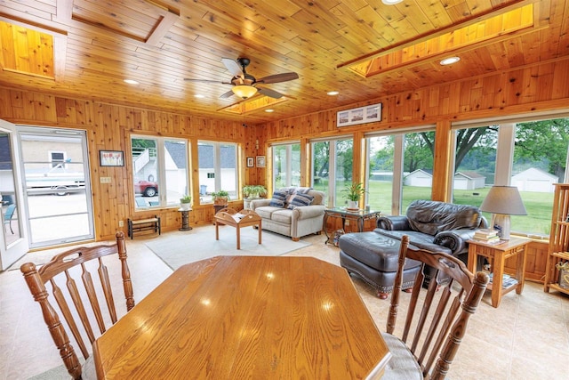 2278 S Riverside Dr, Beloit, WI 53511 - dining area with wood ceiling, a ceiling fan, wooden walls, a skylight, and recessed lighting