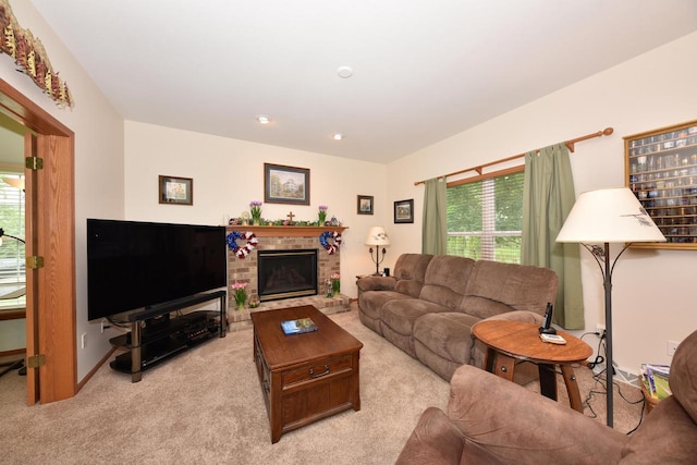 847 Chisholm Ln, Port Washington, WI 53074 - living area with light colored carpet, healthy amount of natural light, and a brick fireplace