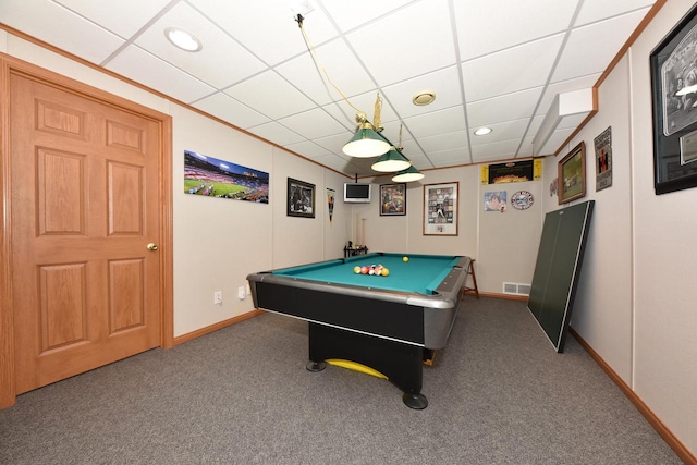 847 Chisholm Ln, Port Washington, WI 53074 - game room featuring carpet floors, a drop ceiling, billiards table, and recessed lighting