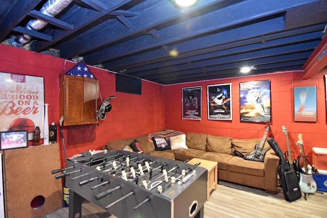 6401 237th Ave, Salem, WI 53168 - rec room with concrete block wall and wood finished floors