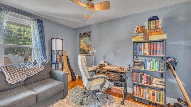 1345 Annie Ct, Sheboygan, WI 53083 - office featuring wood finished floors, crown molding, and ceiling fan