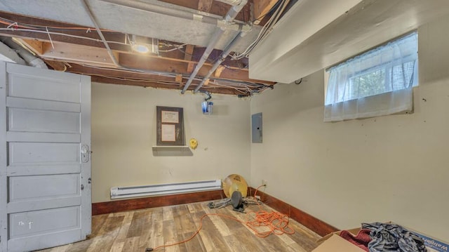 1345 Annie Ct, Sheboygan, WI 53083 - below grade area featuring baseboard heating, electric panel, and hardwood / wood-style flooring