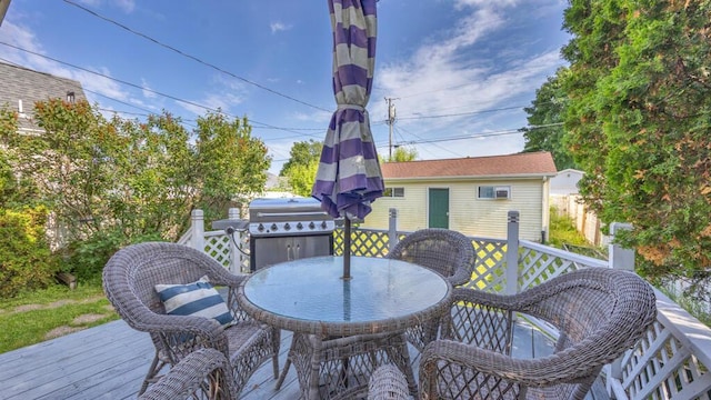 1345 Annie Ct, Sheboygan, WI 53083 - wooden terrace featuring outdoor dining space and an outbuilding
