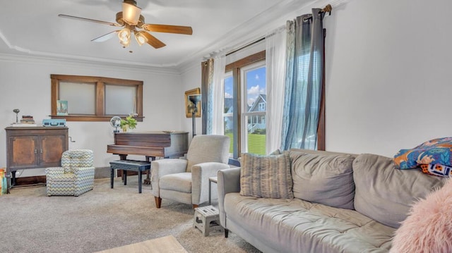 1345 Annie Ct, Sheboygan, WI 53083 - living room with carpet, ornamental molding, and ceiling fan