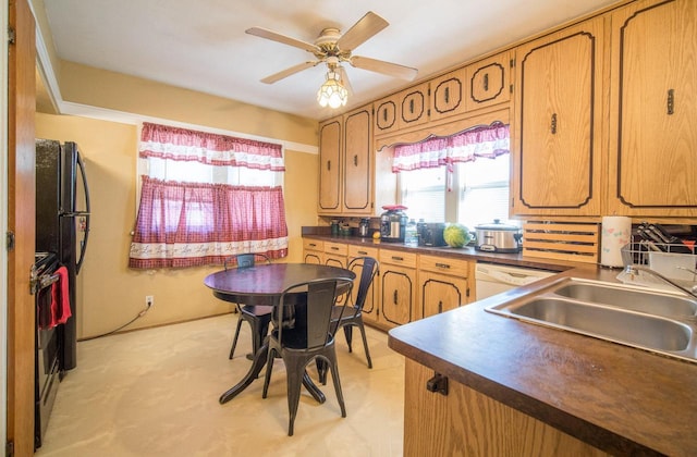 6222 W Locust St Unit 6224, Milwaukee, WI 53210 - kitchen featuring dark countertops, electric range oven, ceiling fan, white dishwasher, and brown cabinets