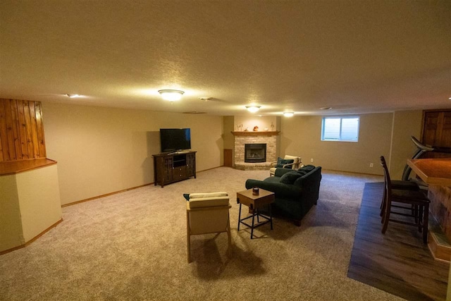 W5353 Amy Ave, Appleton, WI 54915 - living area with carpet floors, a brick fireplace, and a textured ceiling