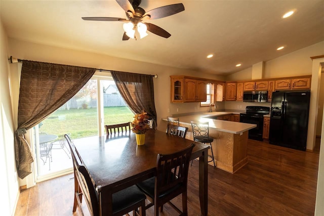 W5353 Amy Ave, Appleton, WI 54915 - dining area featuring recessed lighting, dark wood finished floors, ceiling fan, and vaulted ceiling