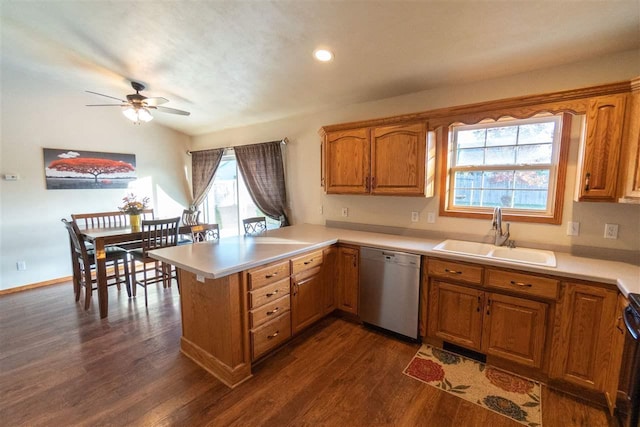 W5353 Amy Ave, Appleton, WI 54915 - kitchen featuring stainless steel dishwasher, a peninsula, ceiling fan, brown cabinetry, and recessed lighting
