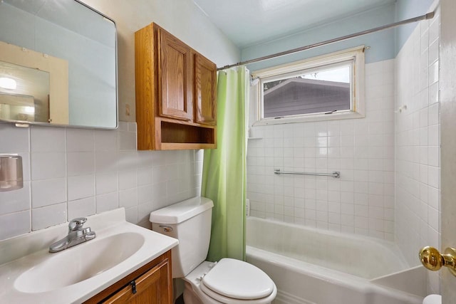 3613 Spenser Ln, Madison, WI 53704 - full bathroom featuring shower / tub combo with curtain, tile walls, decorative backsplash, and vanity