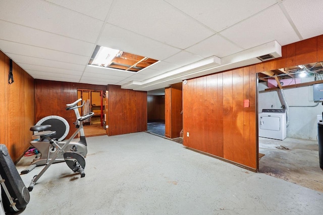 3613 Spenser Ln, Madison, WI 53704 - exercise room with washer / dryer, wooden walls, and a drop ceiling