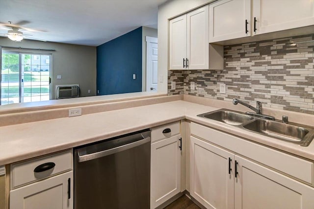 201 Kearney Way Unit 201, Waunakee, WI 53597 - kitchen featuring dishwasher, decorative backsplash, light countertops, a ceiling fan, and white cabinetry