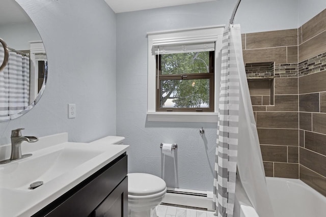 4350 S US Highway 45, Oshkosh, WI 54902 - full bath featuring vanity, a baseboard heating unit, and shower / bathtub combination with curtain