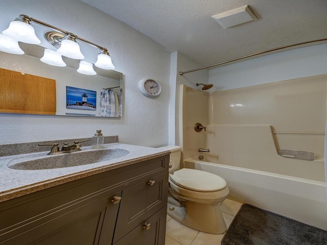 10811 S Patterson Rd, Solon Springs, WI 54873 - bathroom with tile patterned floors, vanity, shower / bath combination with curtain, a textured ceiling, and a textured wall