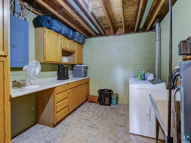 10811 S Patterson Rd, Solon Springs, WI 54873 - laundry room with cabinet space, electric panel, independent washer and dryer, concrete block wall, and water heater