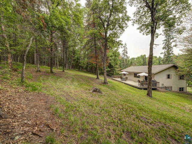 10811 S Patterson Rd, Solon Springs, WI 54873 - view of green lawn with a deck and a wooded view
