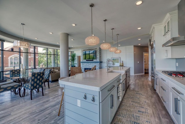 215 E Pleasant St Unit 304, Oconomowoc, WI 53066 - kitchen with wall chimney range hood, stainless steel appliances, wood finished floors, recessed lighting, and open floor plan